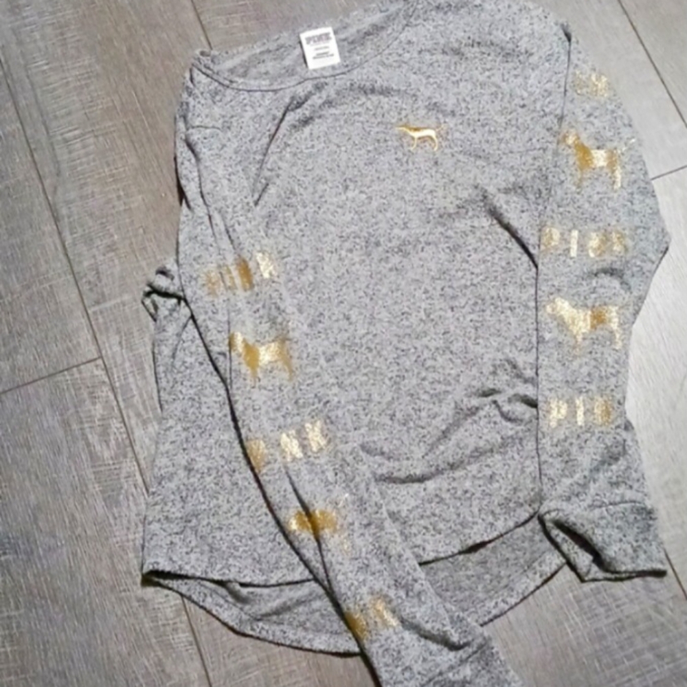 VS PINK GLITTER SLEEVES Long Sleeve SOFT Shirt Grey & Gold Size L